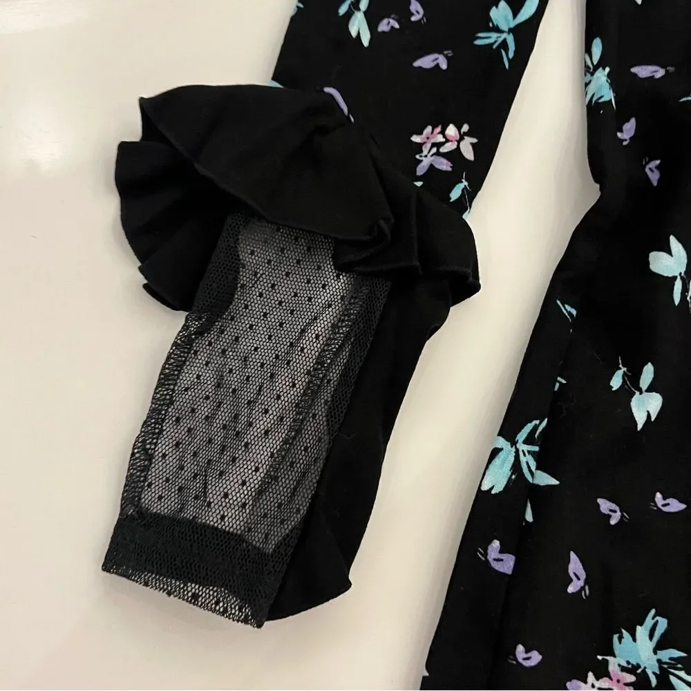 NWT Kaari Blue Floral Dress with Sheer Polka Dot Sleeve Detail